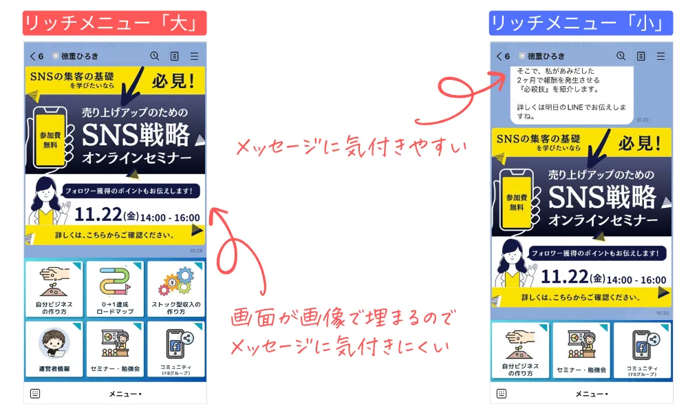 リッチメニュー大と小でリッチメッセージを配信した時に見える範囲